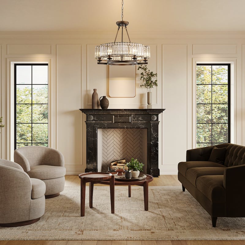 6-Light Mid-Century Modern Aged Bronze Drum Wagon Wheel Chandelier with Crystal Shade - 24.8 in. W x 20.47 in. H