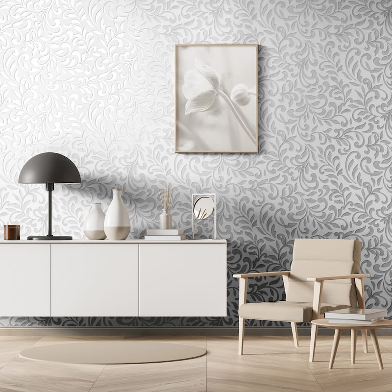 Galerie Wallcoverings Leafy Scroll Damask Vinyl on Non-woven Metallic Wallpaper Roll