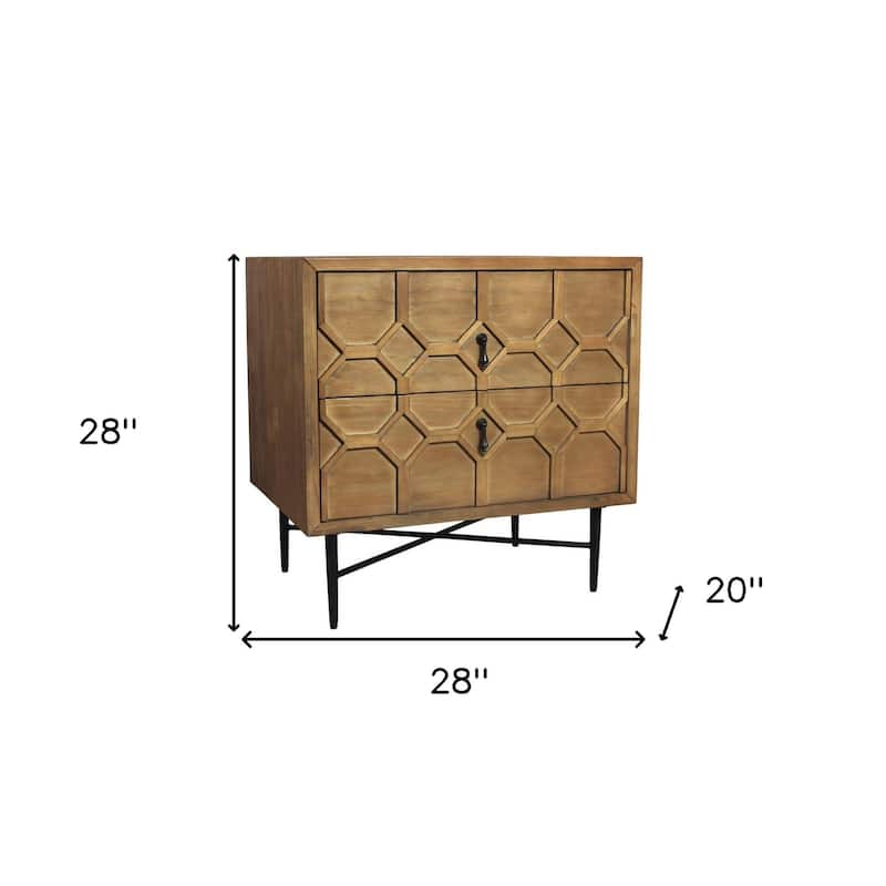 28" Natural Two Drawer Distressed Carved Geometric Solid Wood Nightstand