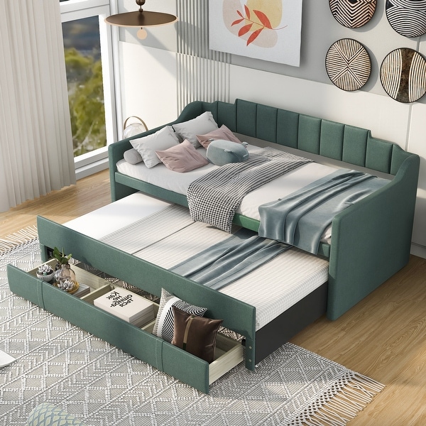 Twin Size Home Office Linen Sofa Bed Storage Upholstered Daybed with Trundle 3 Drawer Vertical Channel Back Curved Arms Bed Bath Beyond 36809107