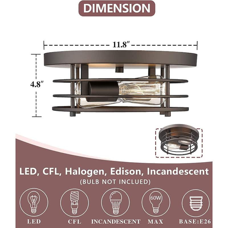 2-Light Farmhouse Flush Mount Lighting Fixture, 12inch Ceiling Light Fixture, Oil-Rubbed Bronze Finish