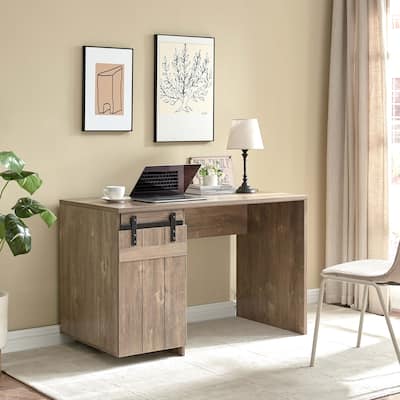 Home Office Desk Hazelnut One Cabinet Three Shelves Faux Barn Door on Metal Euro Hinges Modesty Panel