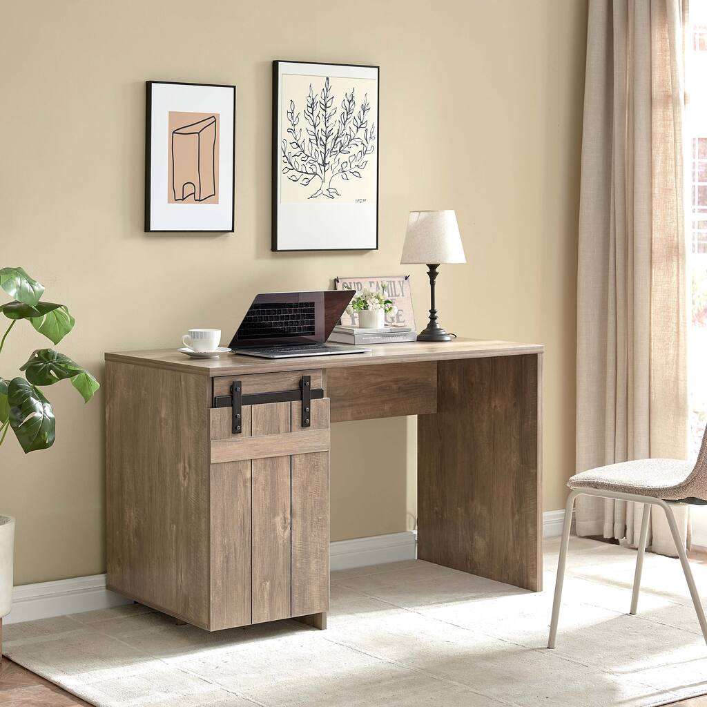 Home Office Desk Hazelnut One Cabinet Three Shelves Faux Barn Door on Metal Euro Hinges Modesty Panel