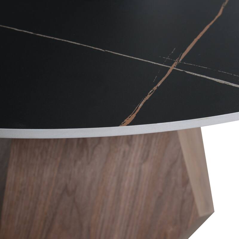 Nebo Round 47" Tempered Glass or Sintered Stone Top Dining Table with Geometric Design Ashwood Pedestal Base Kitchen Table