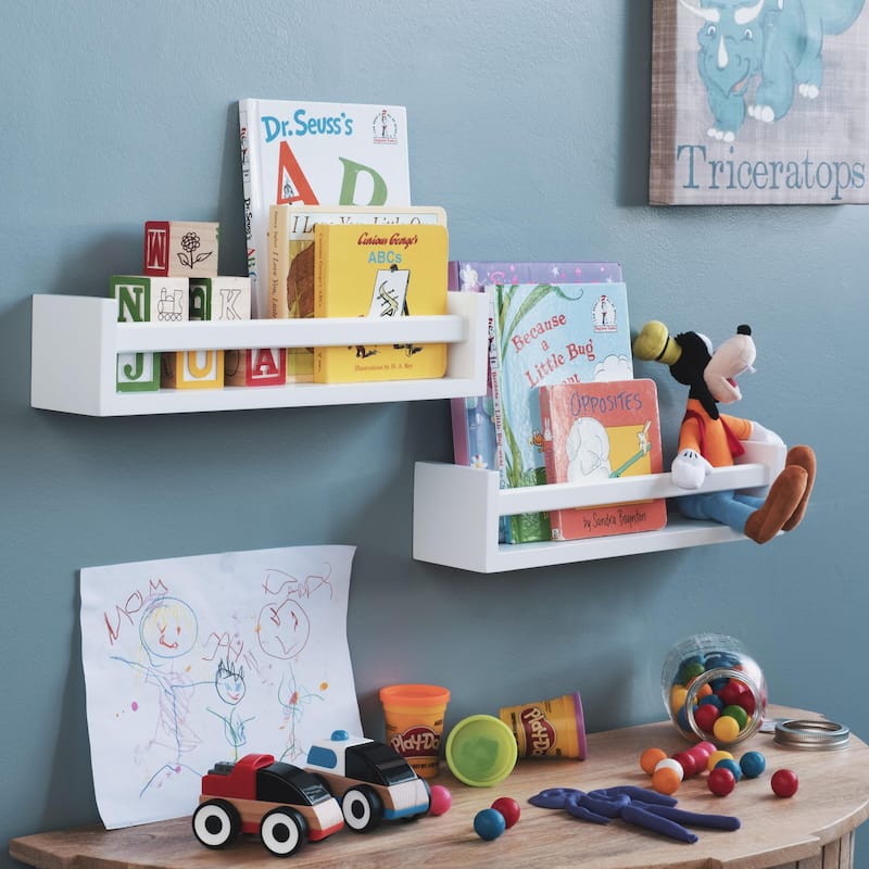 Wallniture Utah White Bookshelf, Wood Wall Shelves for Toy Storage (Set of 2)
