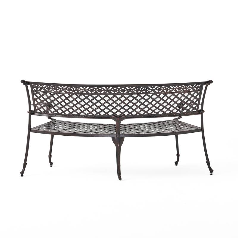 Roomfitters Outdoor Cast Aluminum Patio Bench with Lattice Backrest and Armrests, Copper Finish