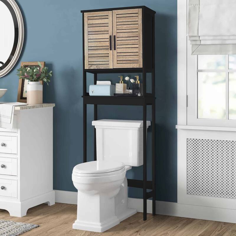 Over The Toilet Storage Cabinet with Double Vented Doors and Open Shelf, Black and Brown - Bergen Collection