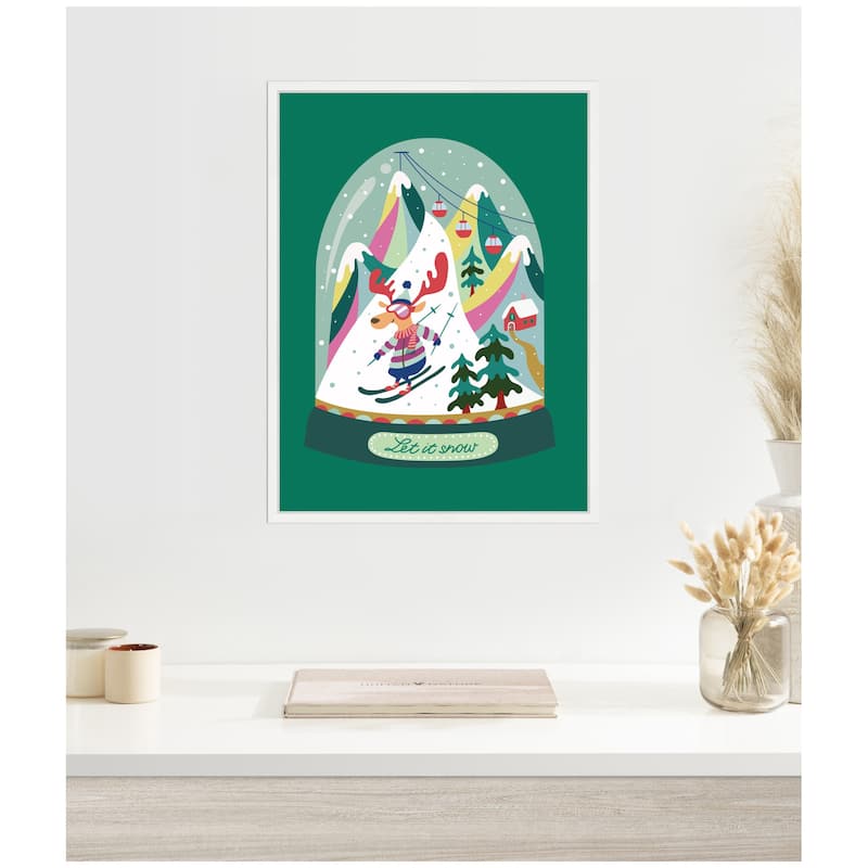 Kate and Laurel Framed Canvas Snowy Mountain Skiing Deer by Rachel Lee