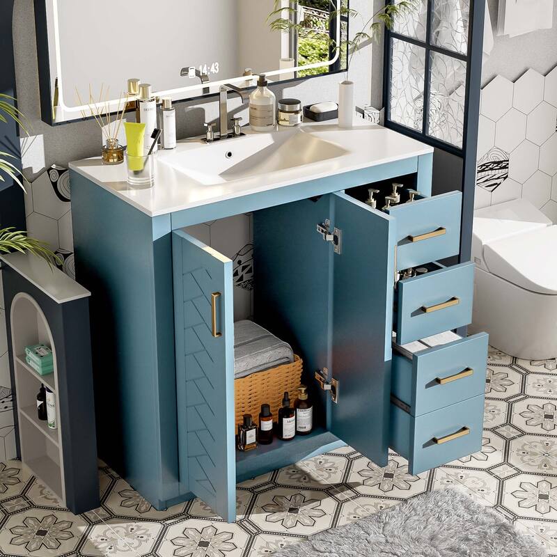 36" Bathroom Vanity with Ceramic Sink - Solid Wood, 3 Soft-Close Drawers, Storage Cabinet