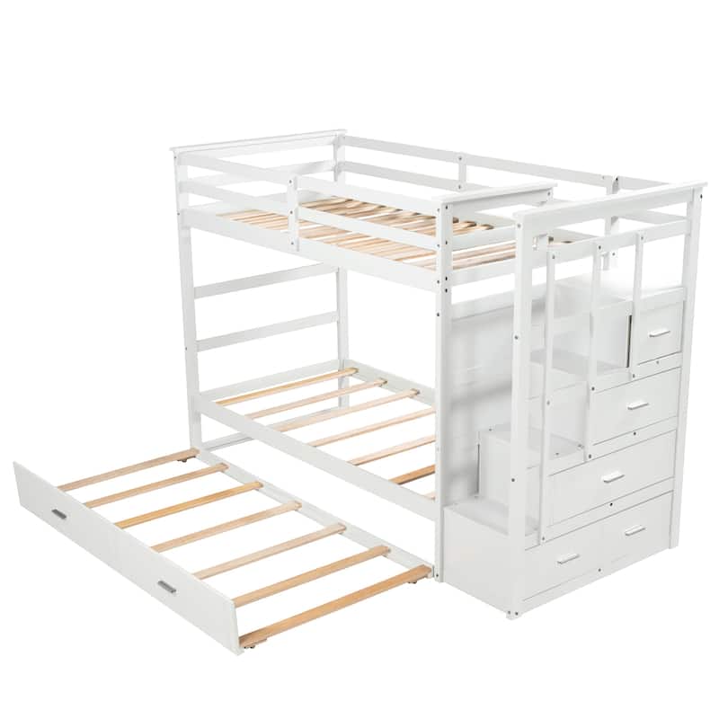 Twin Over Twin Bunk Bed with Trundle and Staircase