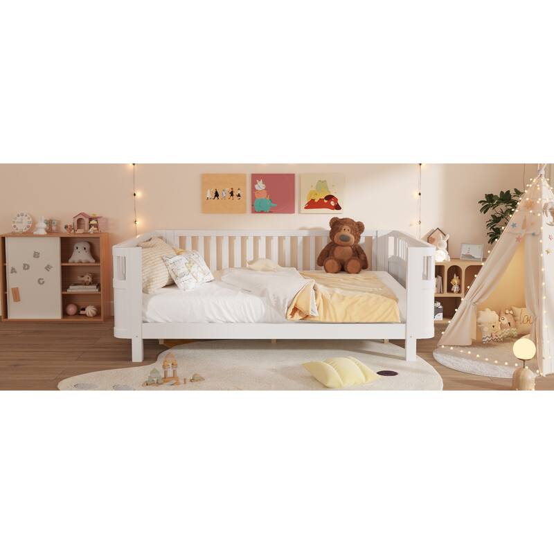 Roomfitters Queen Platform Bed, Low Profile Slatted Daybed with Wooden Frame and Removable Guardrails for Bedrooms