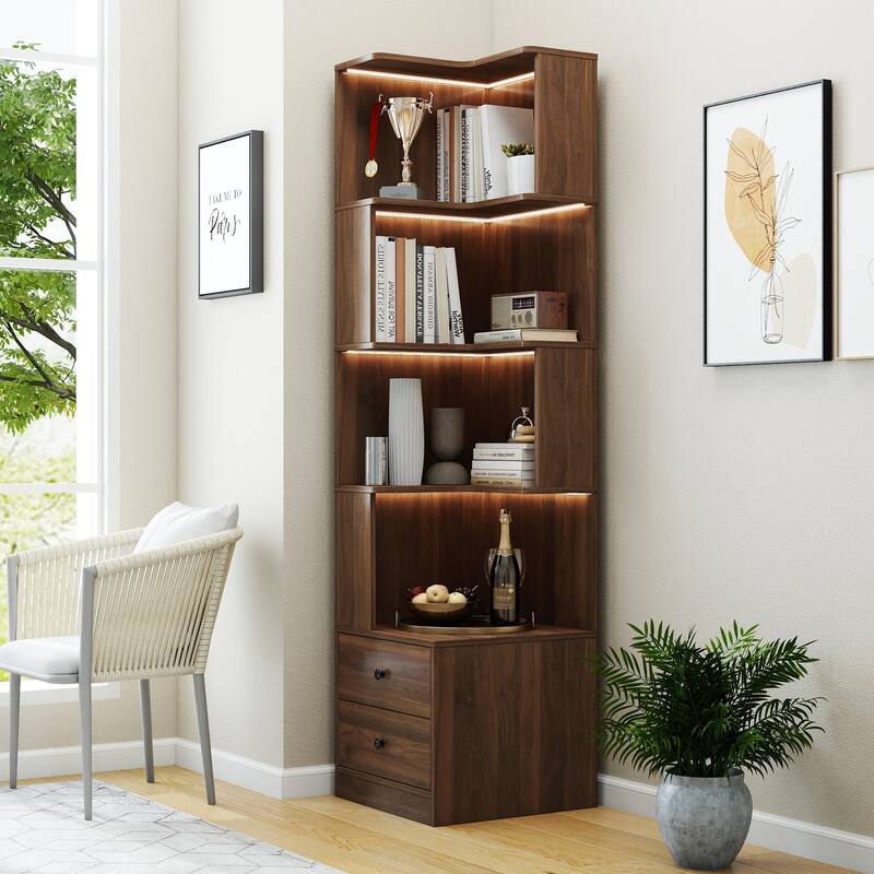 Corner Bookshelf With Drawers,4-Tier Corner Bookcase With Baffle, Freestanding L Shaped Display Shelf Stand With LED Lights