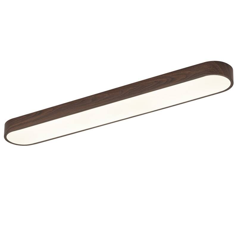 Modern Linear Flush Mount Ceiling Light Matte White Metal with Wood Grain Accent Milky White Diffuser