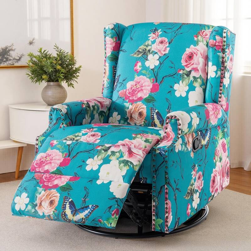 Patterned Linen Swivel Manual Push-Back Recliner Chair - Peacock Blue