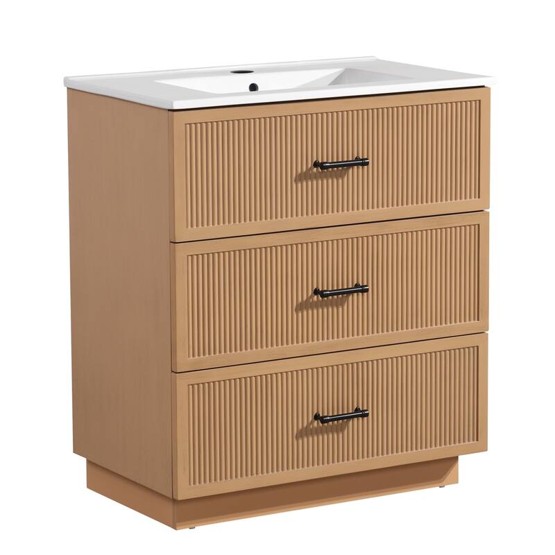 30" Freestanding Bathroom Vanity with Ceramic Sink and 2 Storage Drawers, Stylish Gray Floor Cabinet