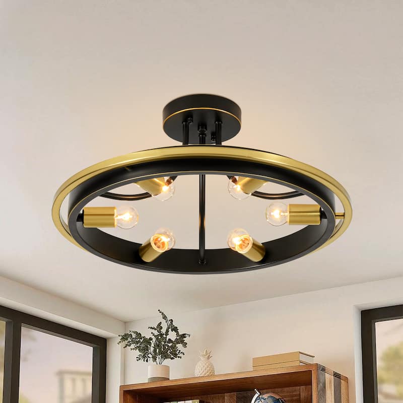 21.7" 6-Light Industrial Mette Black & Gold Wagon-Wheel Circle Ring Semi-Flush Mount Ceiling Light for Living Room, Kitchen