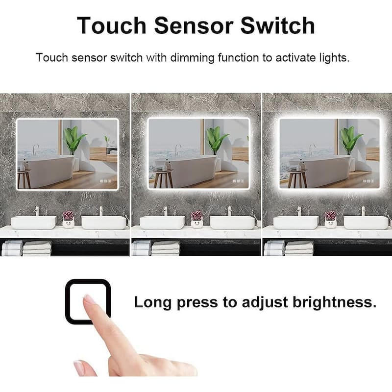 Rectangular Wall-Mounted Dimmable LED Bathroom Vanity Mirror with Defogger and Bluetooth Music Speaker