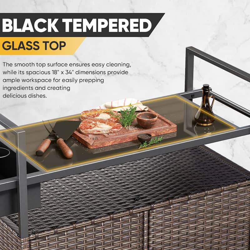 Outdoor Grill Cart Table with Wheels, Wicker Kitchen Island
