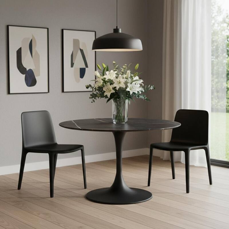 HomeRoots 47" Black Rounded Ceramic And Metal Pedestal Base Dining Table