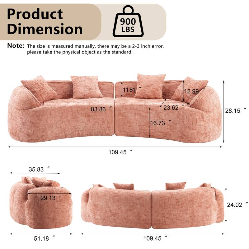 Curved Sectional Sofa with Pillows, Chenille Upholstered 4 Seater Sofa, Full-Compressed Deep Seat Sofa for Living Room