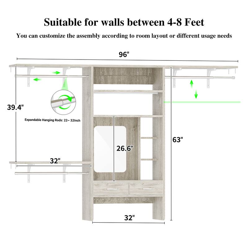 Cimly Wall-mounted Closet System with 32'' Makeup Vanity Desk, Space-saving Organizer with Hanging Rods and Mirror