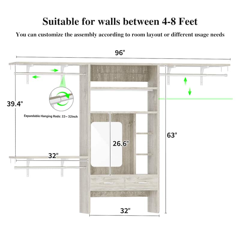 Cimly 131'' - 156'' Closet System with Makeup Vanity, All-in-one Corner Closet Organizer with Shoe Rack and Tower Shelves