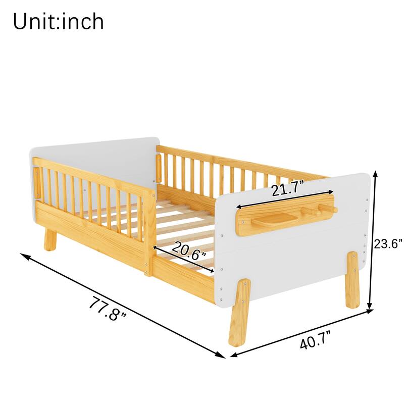 Kids Wood Platform Bed with Guardrails, Bottle Holder and 2 Hanging Rod, Convertible Toddler Daybed, Low Profile Design Frame
