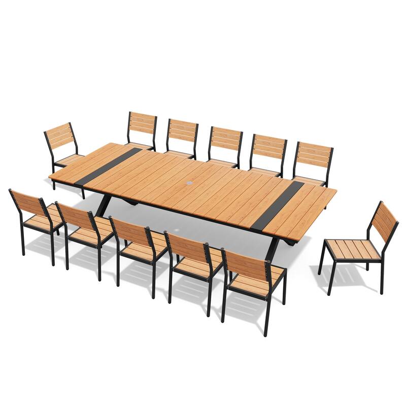 11/13-Piece Outdoor Aluminum Dining Table Set Rectangular Table with Umbrella Hole and Stackable Chairs - Set of 13 - Brown
