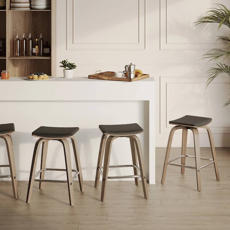 Pelya Leather Swivel Square Counter Stool with Wood Legs and Chrome Footrest for Kitchen Island or Dining Area Set of 2