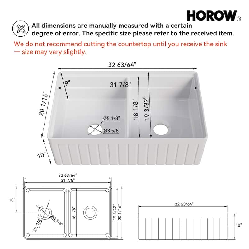 HOROW 33 in. Farmhouse/Apron-Front 50/50 Double Bowl White Fireclay Kitchen Sink with Workstation,Cutting Board,Grid, Strainer