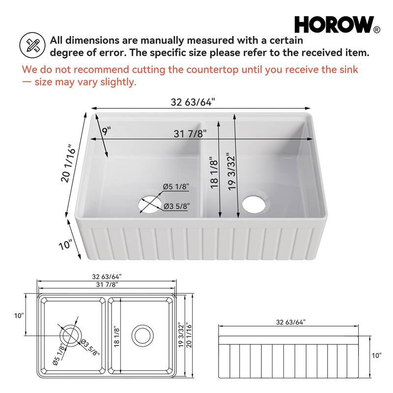 HOROW 33 in. Farmhouse/Apron-Front 50/50 Double Bowl White Fireclay Kitchen Sink with Workstation,Cutting Board,Grid, Strainer