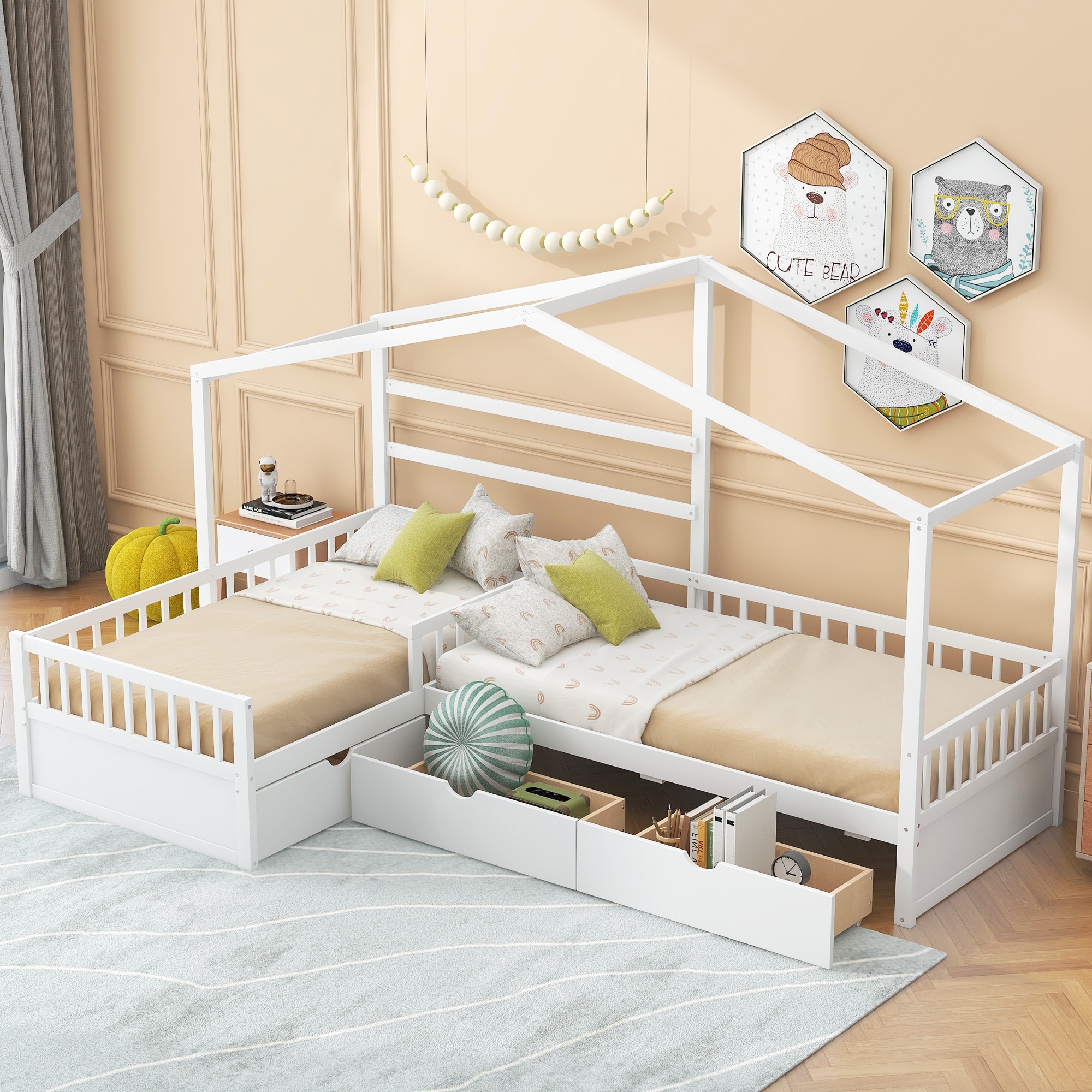 Twin Size Wooden House Platform Bed with Three Storage Drawers
