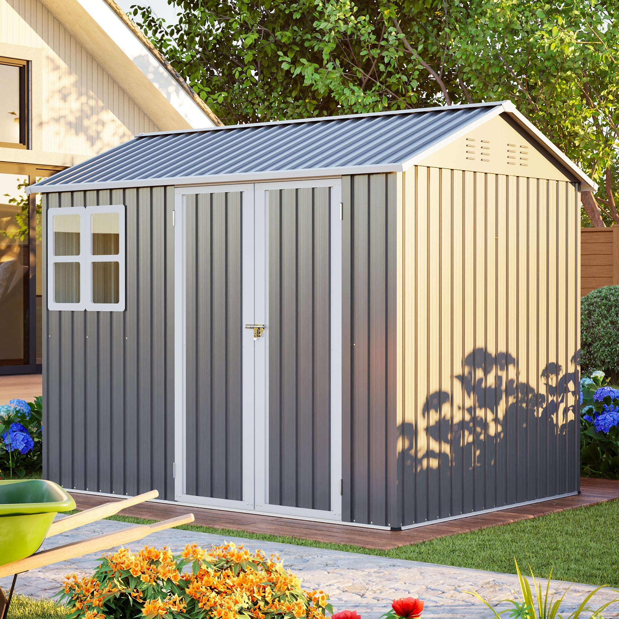 8'x6' Large Steel Storage Shed with Window, Lockable Doors & Sloped Roof, Heavy Duty Outdoor Tool Shed - Dark Gray