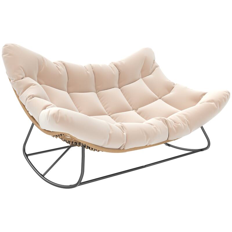 Outsunny Double Papasan Rocking Chair, Wicker Oversized Indoor Outdoor Rocking Chair with Cushion