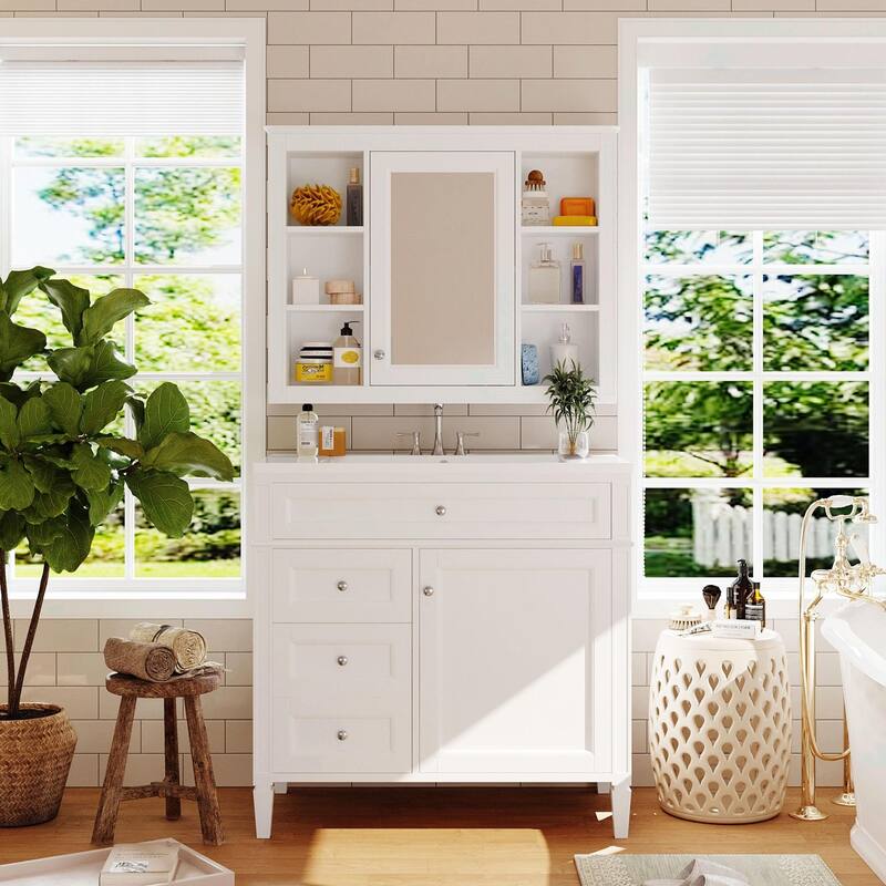 36'' Bathroom Vanity with Top Sink - Modern Storage Cabinet with Mirror