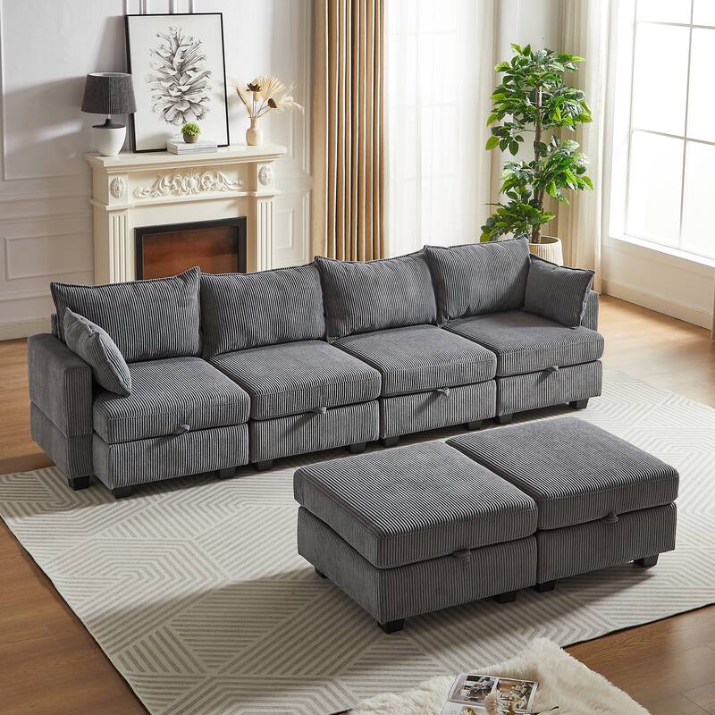 113.5" Corduroy U-Shaped Sectional Sofa with Ottoman