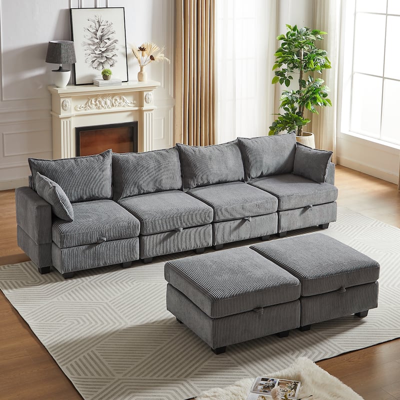 Roomfitters 113.5" Modular Corduroy U-Shaped Sectional Sofa, 6-Seater Convertible Couch with Chaise and Storage Ottoman