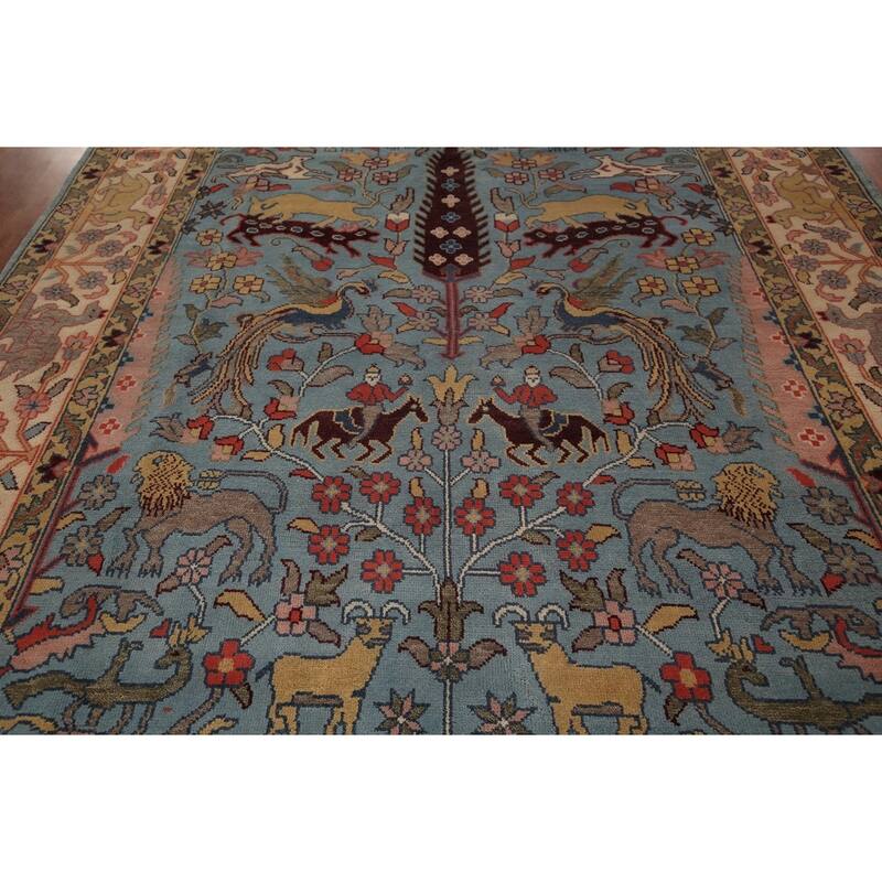 Hunting Animals Blue Ziegler Oriental Area Rug Handmade Wool Carpet - 9'0"x 11'11"