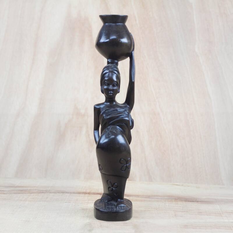 Novica Handmade Motherly Carrier Ebony Wood Sculpture