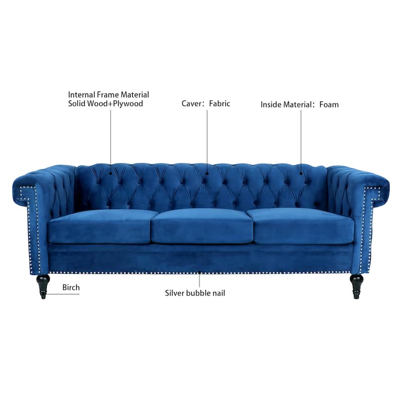 Traditional Square Arm Tufted Upholstery Three-Seater Sofa - 32.68 x 83.66 x 29.53