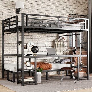 Convertible Queen Over Twin XL Metal Loft Bed with Foldable Sofa, Built-In Desk, Shelves, USB Ports & LED Lighting