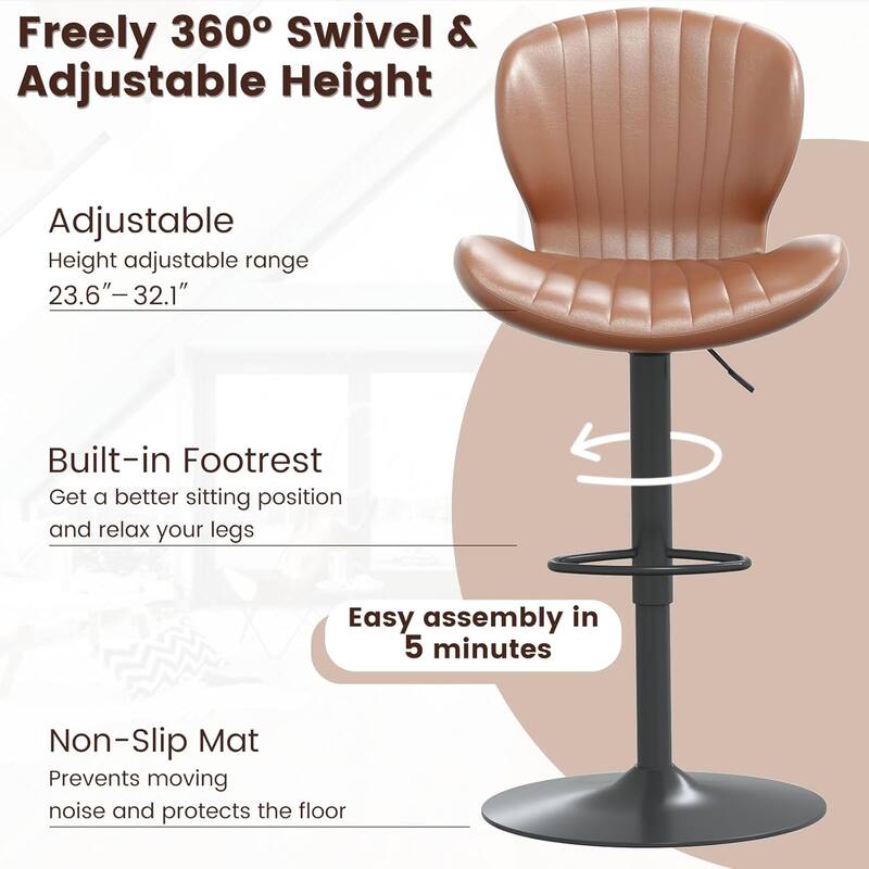 BOSSIN Set of 2 Modern Adjustable Bar Stools, Faux Leather Upholstered Swivel Counter Stools - 16.5"D x 19.6"W x 46.9"H