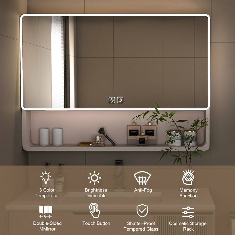 Mirror Cabinet with 3 Colors LED Light,Defogging and Hair Dryer Holder