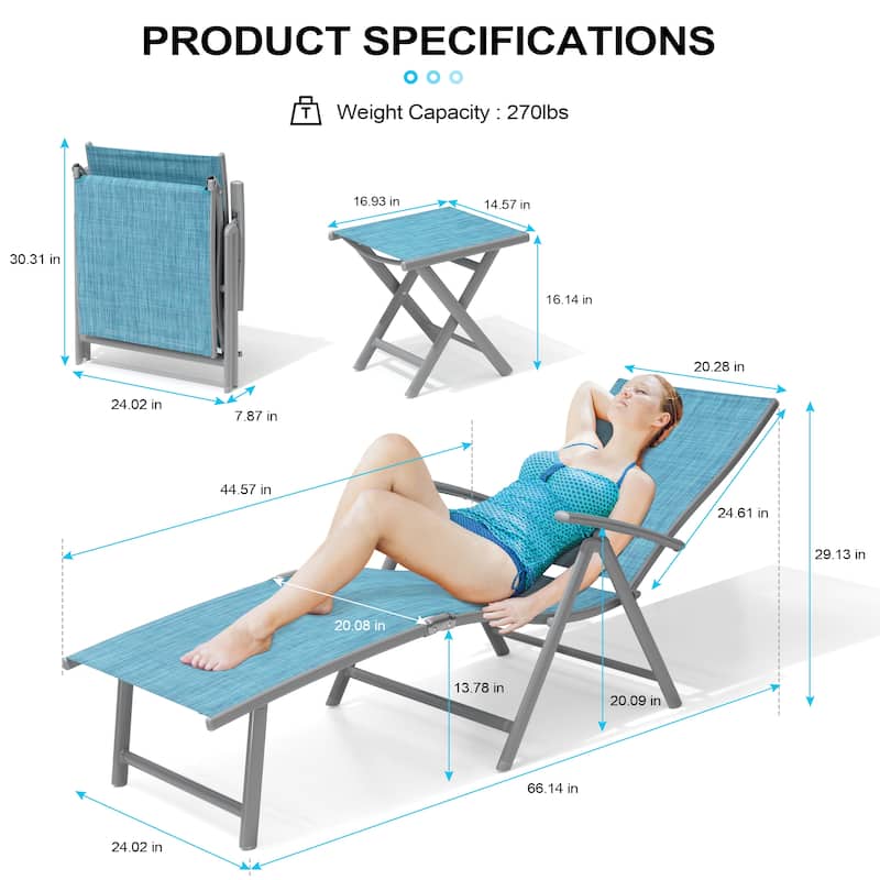 3-Pieces Outdoor Chaise Lounge Set Aluminum Adjustable Foldable Chaise Lounge Chairs and Side Table
