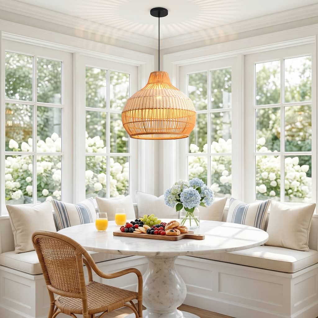 17" Bohemian Woven Wicker Round Adjustable Pendant Light Chandelier for Dining Room