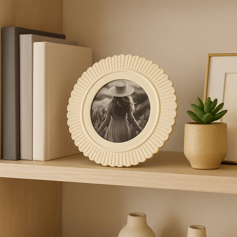 Ivory 4x4 in. Round Solid Etched Petal Resin Photo Frame