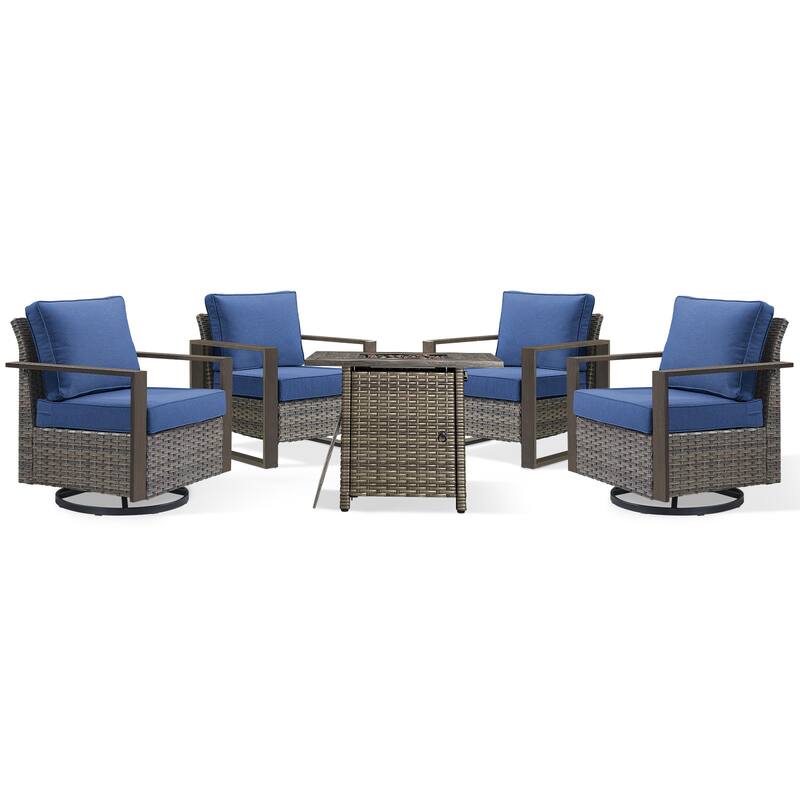 Meyreso 5-Piece Wicker Patio Conversation Set with Fire Pit & Plush 4.5" Olefin Cushions