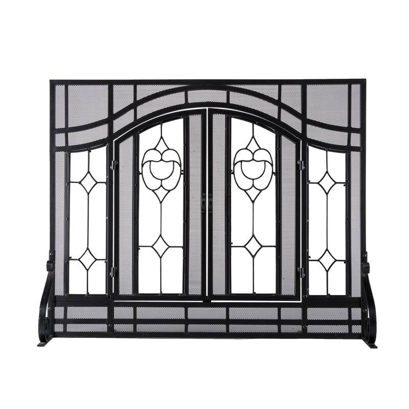 Small Two-Door Fireplace Screen with Glass Floral Panels - Black