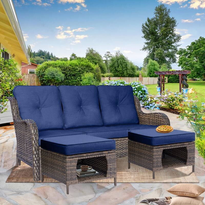 High Back Deep Seating Wicker Curved Outdoor Patio Sofa with Cushions - 3 Piece - Navy Blue