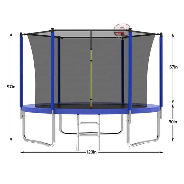 dimension image slide 1 of 3, 10ft Round Outdoor Trampoline with Safety Enclosure Net and Ladder